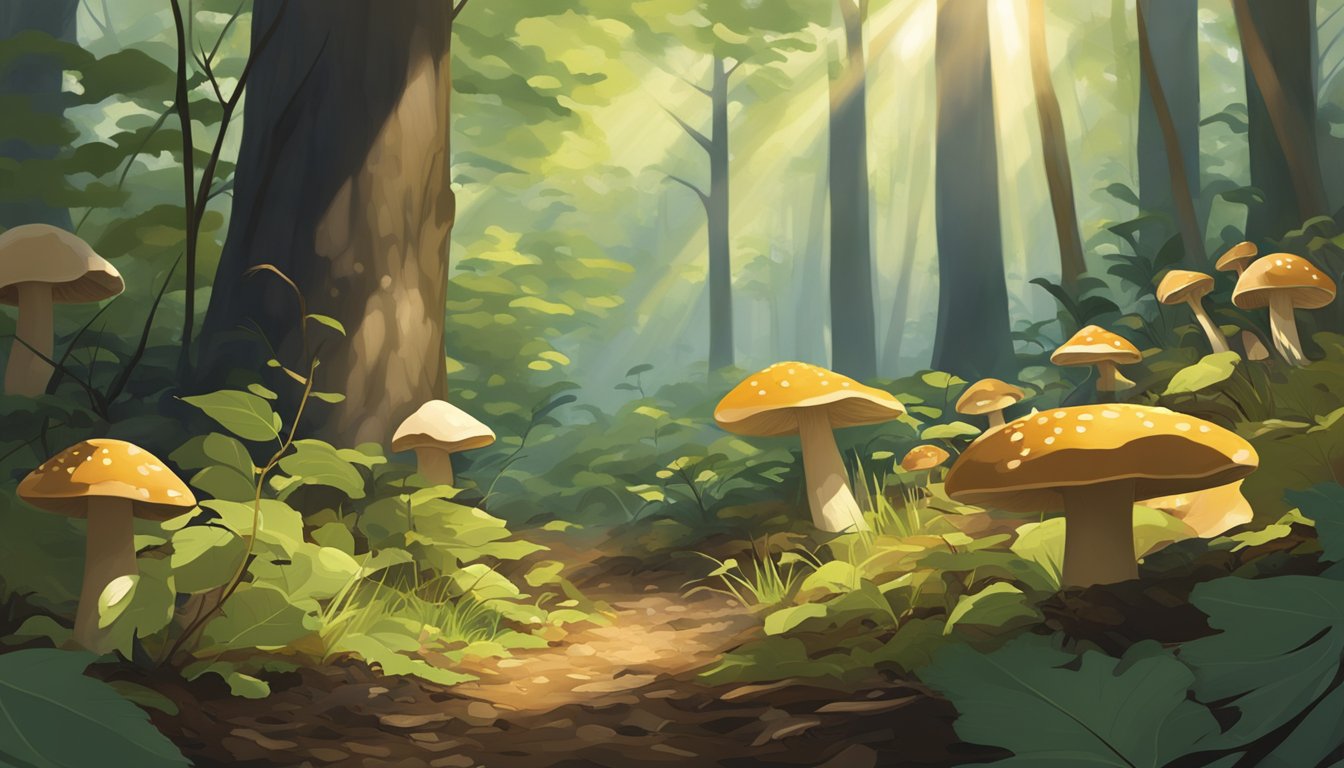 A lush forest floor in the central Appalachian region, with various wild mushrooms peeking out from the leaf litter and fallen branches. The dappled sunlight filters through the trees, creating a serene and peaceful atmosphere