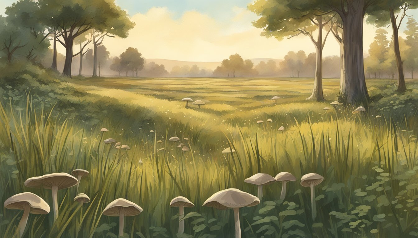 Lush grasses and scattered trees in the great plains, with mushrooms scattered across the ground