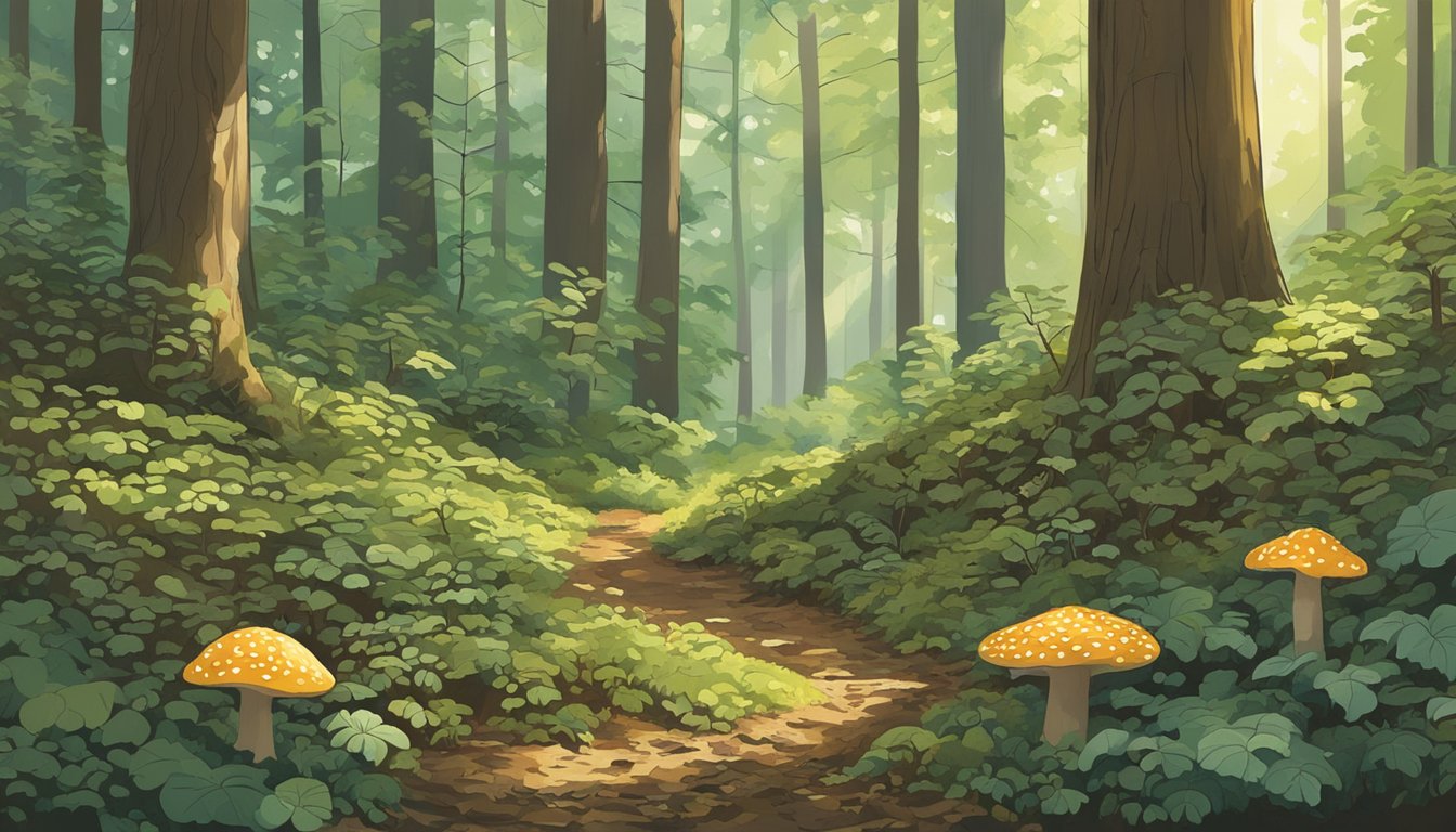 A lush forest floor in the central Appalachian region, dotted with vibrant morel mushrooms in various stages of growth. Sunlight filters through the canopy, casting dappled shadows on the forest floor