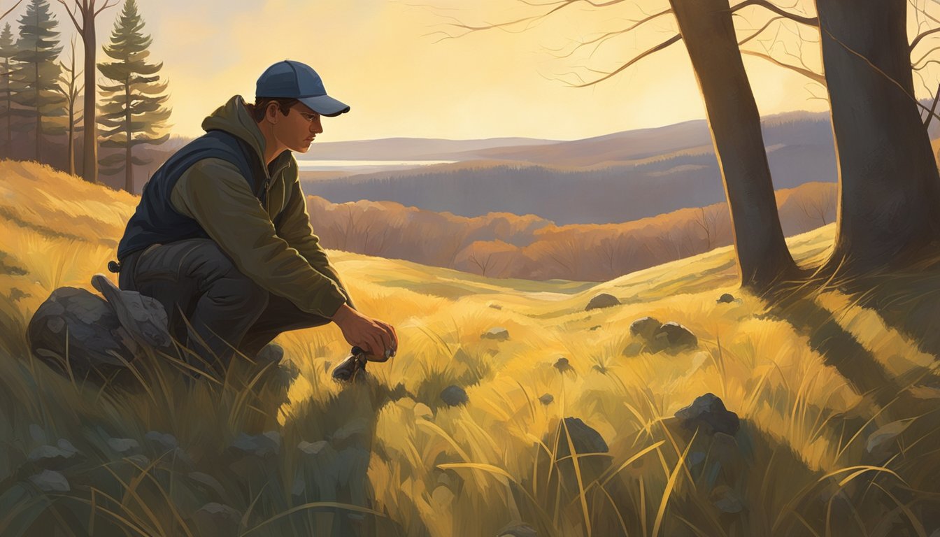 A figure crouches in the grassy plains, carefully scanning the ground for elusive morel mushrooms. The golden sunlight bathes the landscape, casting long shadows as the hunter moves with focused determination