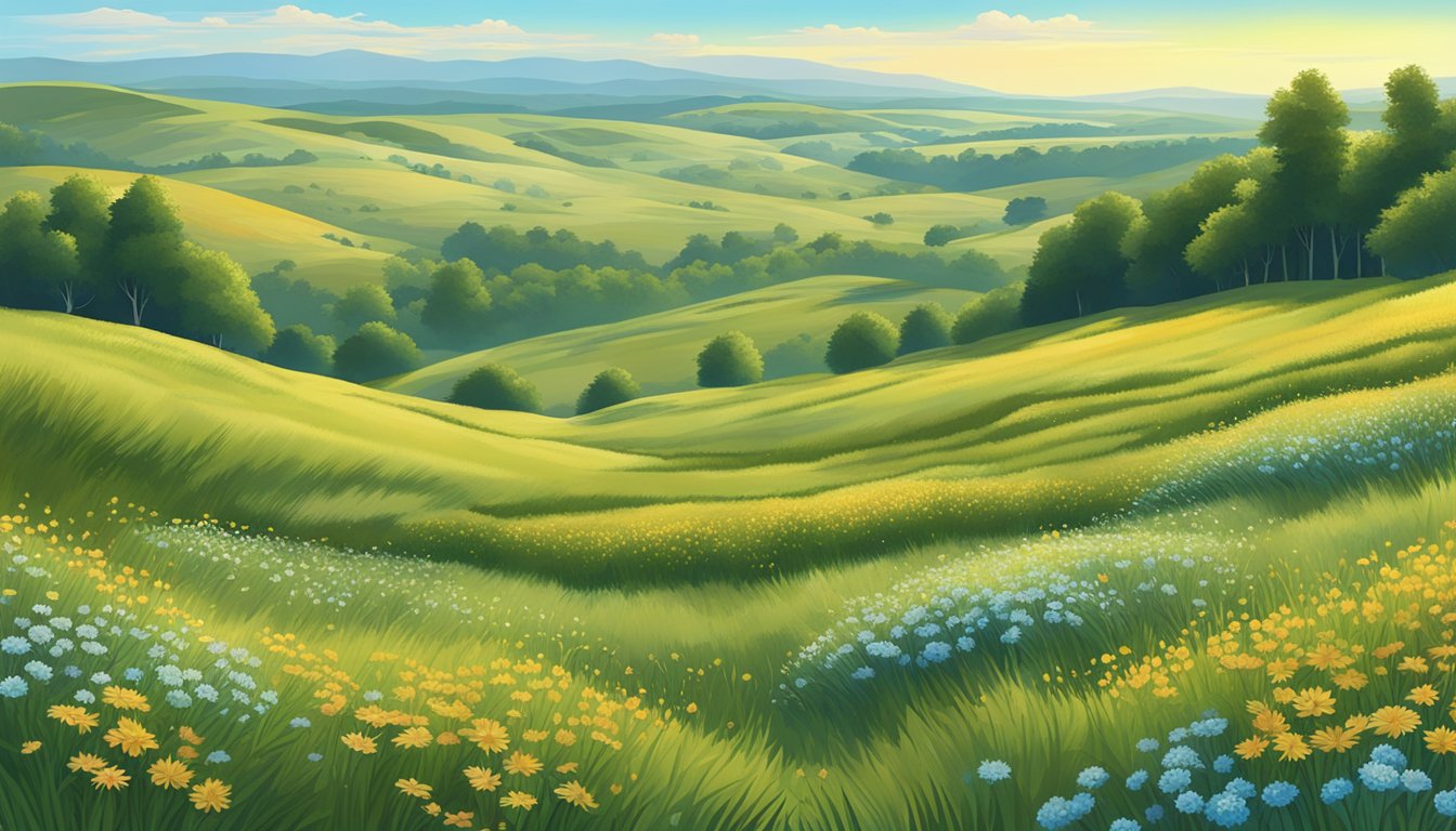 A vast prairie landscape with rolling hills and scattered trees, featuring patches of tall grass and wildflowers, under a bright blue sky