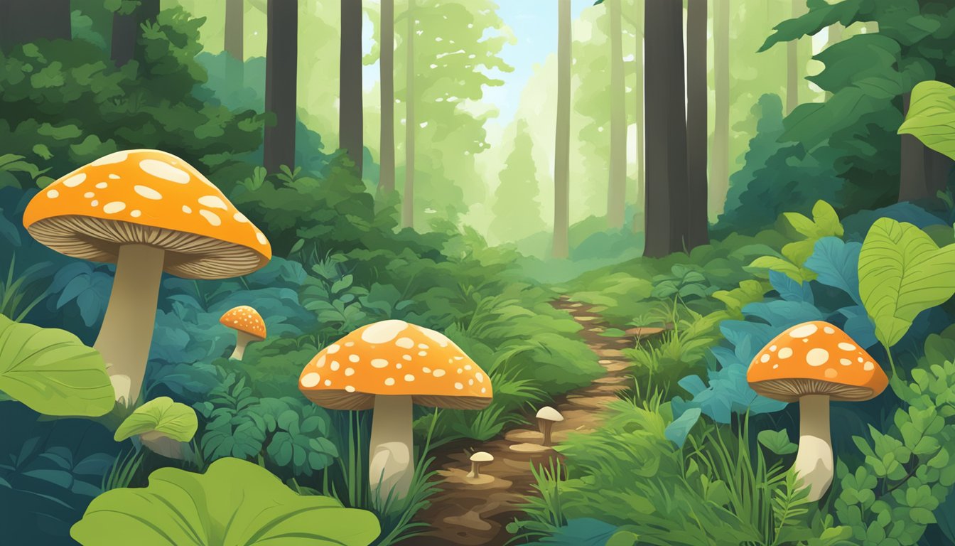 A forest floor in the Blue Ridge Mountains, with scattered mushrooms and lush green foliage