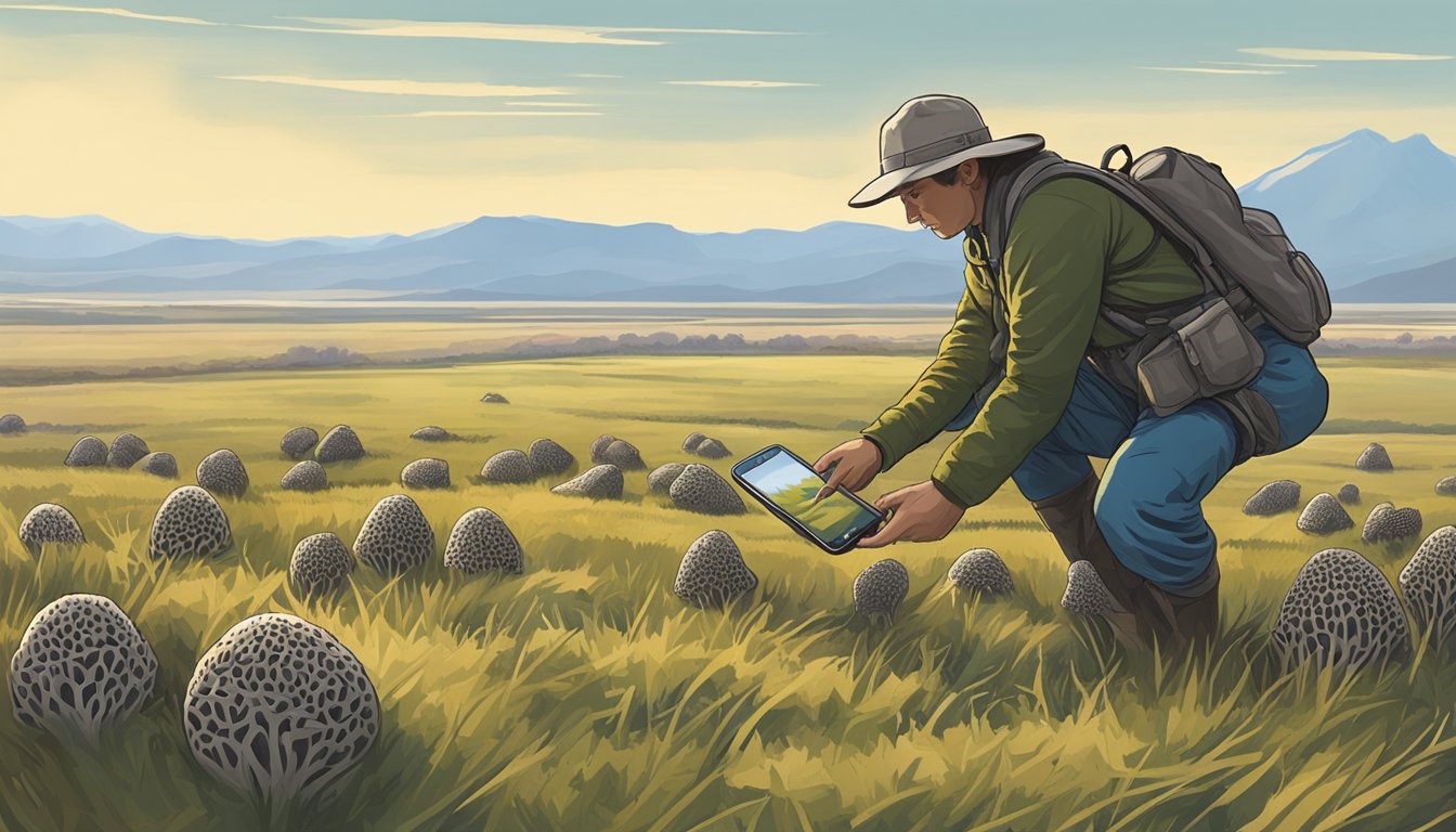 A figure using a smartphone to search for morel mushrooms in the vast open plains of the Great Plains region