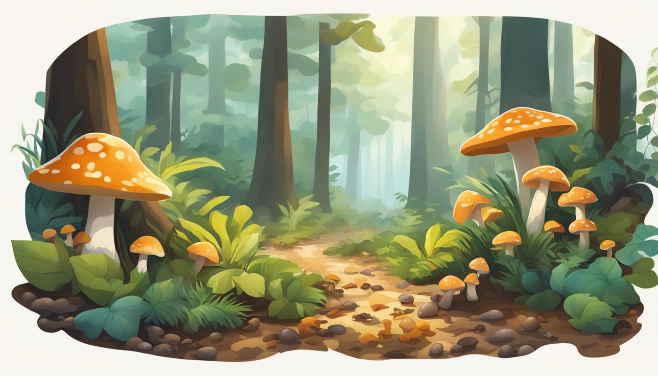 Lush forest floor with dappled sunlight, scattered fallen leaves, and various types of mushrooms growing among the underbrush