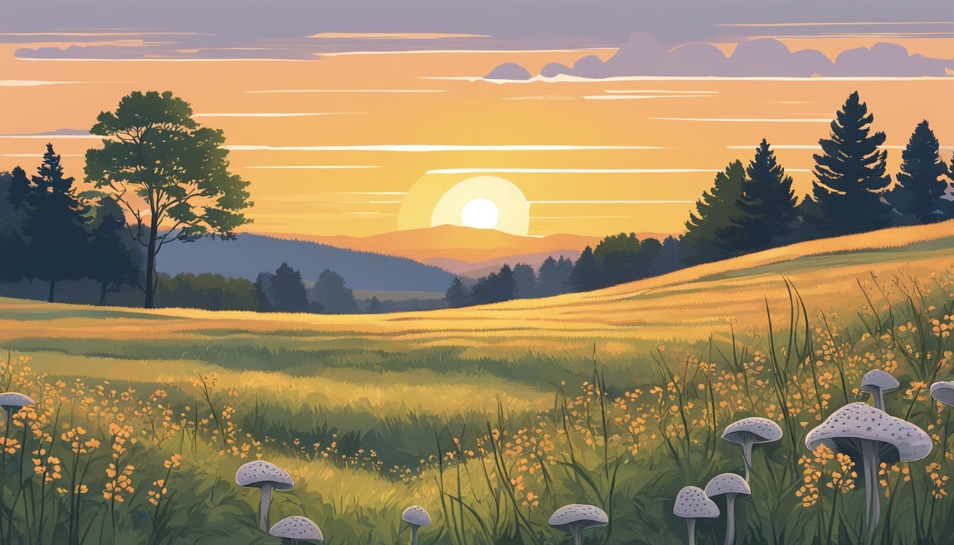 Sunrise over rolling prairie, dotted with wildflowers. Morel mushrooms peek out from the grass, waiting to be discovered