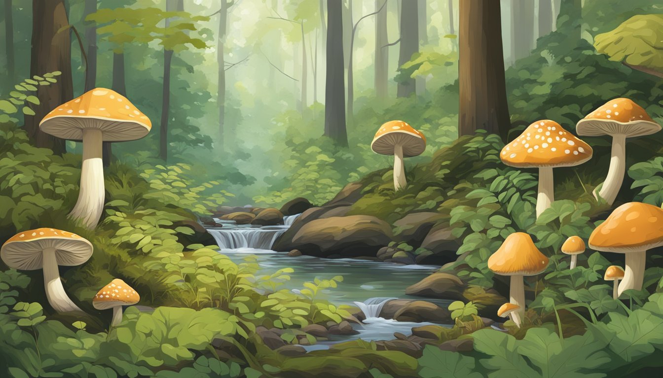 A lush forest floor in the Chesapeake Bay region, filled with various types of mushrooms and surrounded by tall trees and a gentle stream