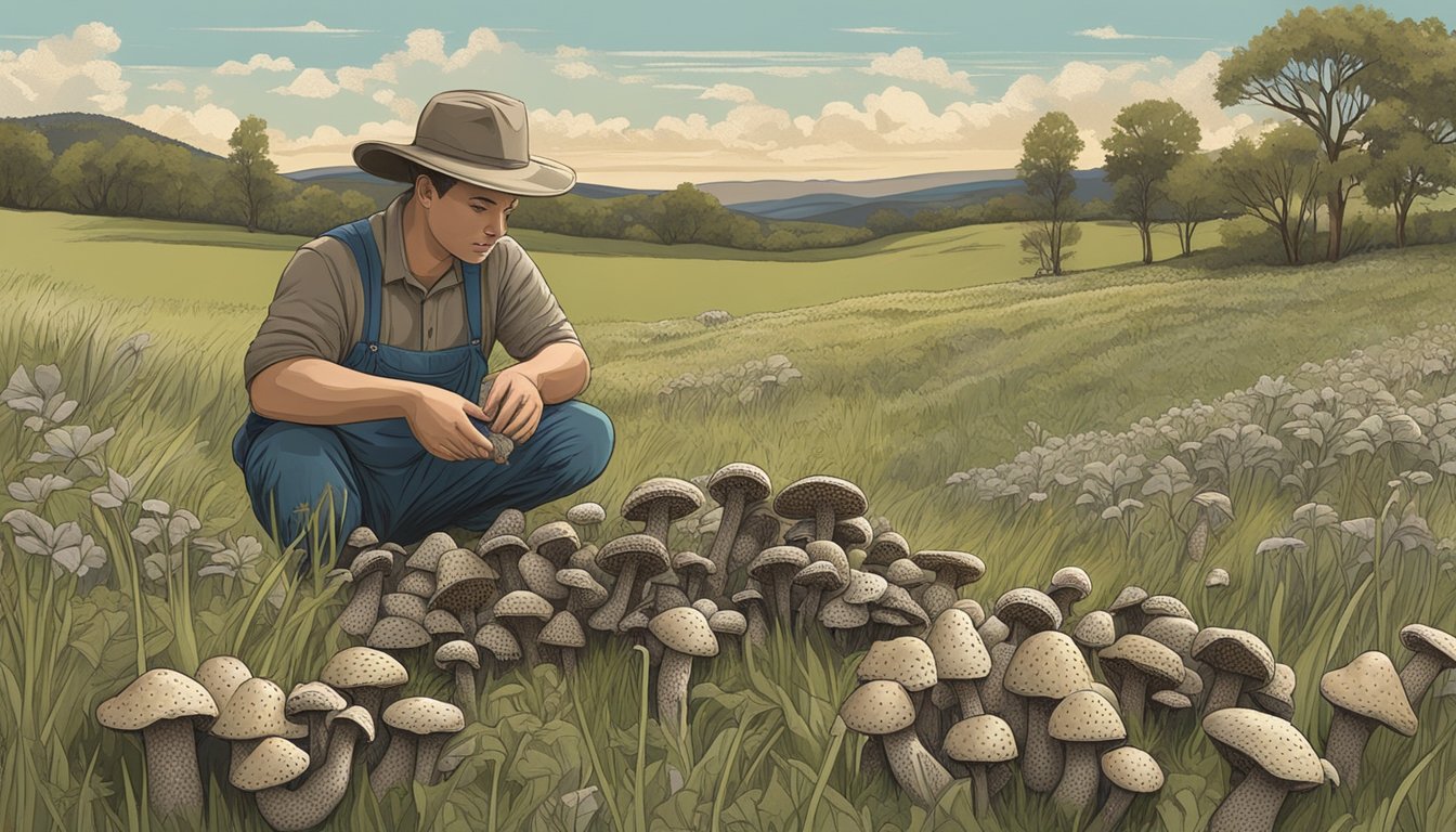 A person gathering morel mushrooms in the great plains, surrounded by tall grass and rolling hills