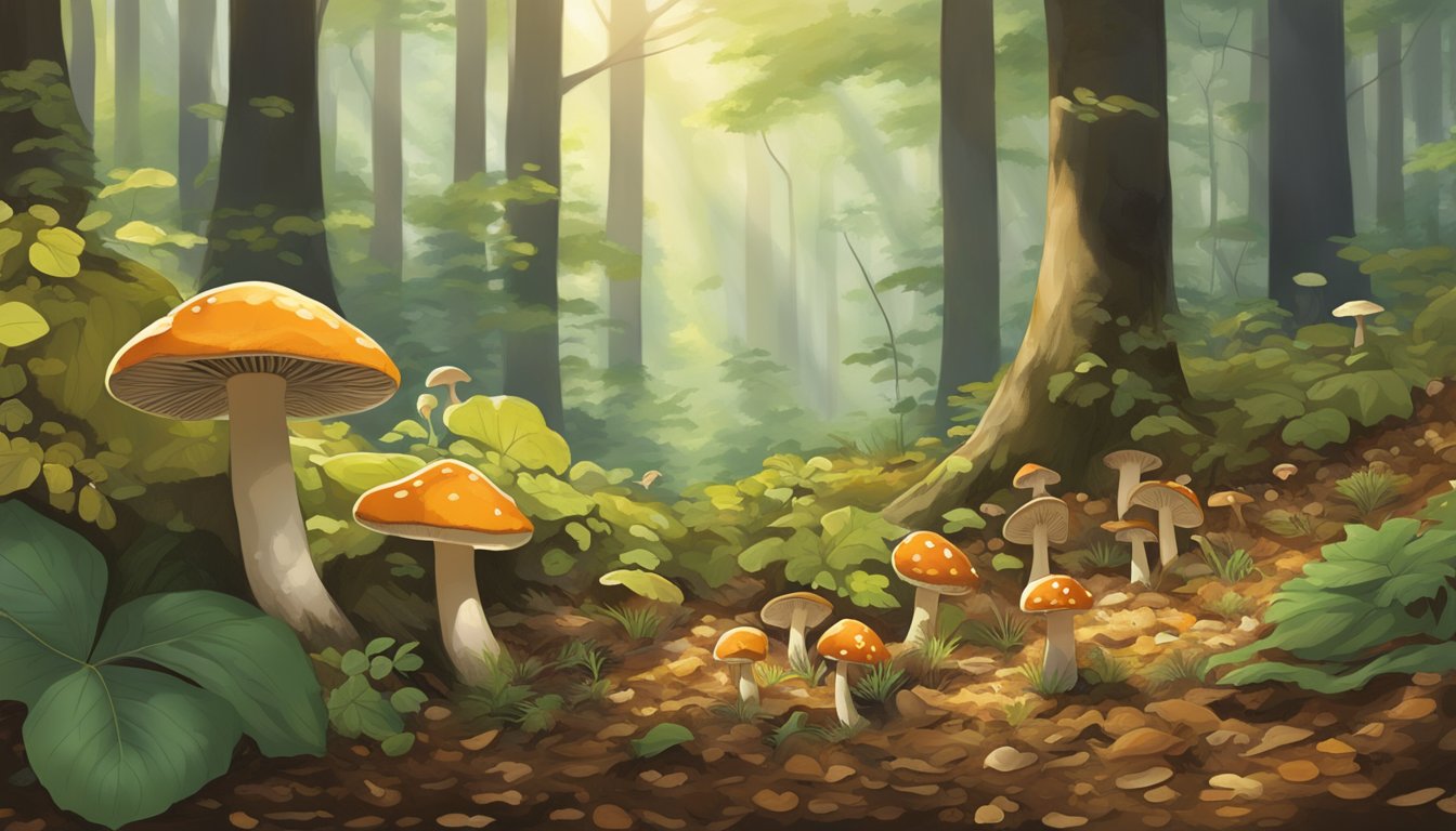 A lush forest floor in the Chesapeake Bay region, with various types of mushrooms sprouting from the damp earth, surrounded by fallen leaves and dappled sunlight filtering through the canopy above