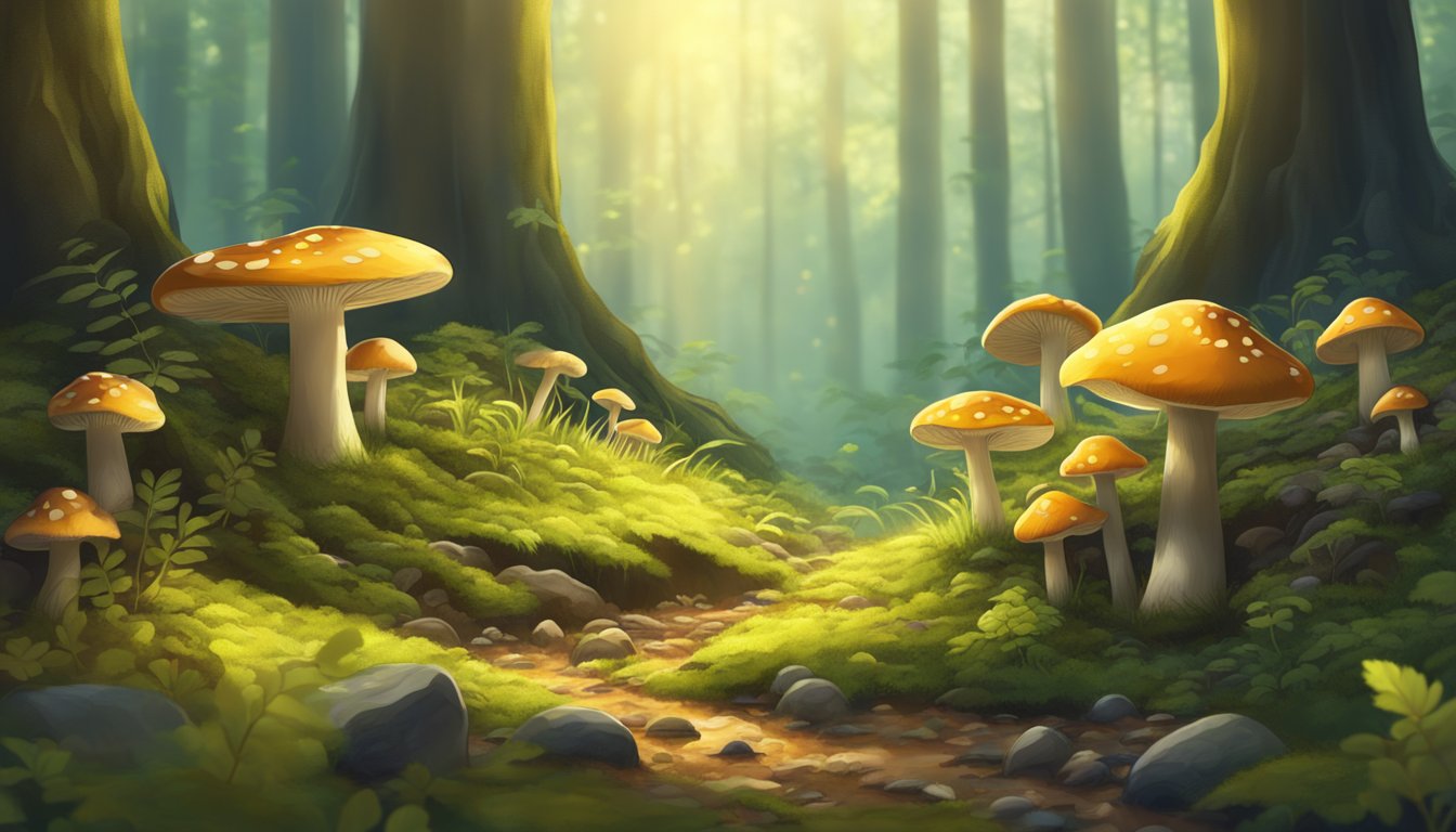 Sunlight filters through dense forest, illuminating a carpet of fallen leaves. Mushrooms sprout from the damp earth, nestled among moss-covered rocks and tangled roots