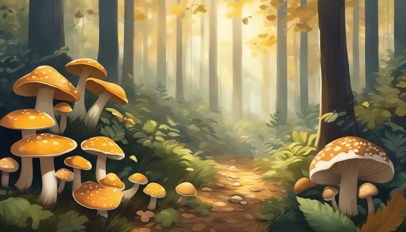 A forest floor covered in a variety of mushrooms, with fallen leaves and twigs scattered around. The dappled sunlight filters through the trees, creating a peaceful and serene atmosphere