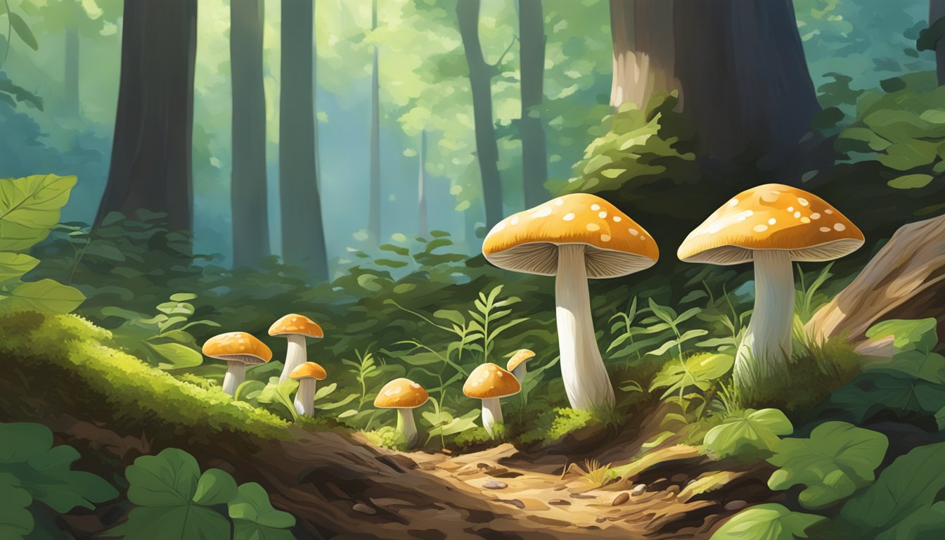 Mushrooms sprout from the forest floor in the Blue Ridge Mountains, surrounded by lush greenery and dappled sunlight filtering through the trees