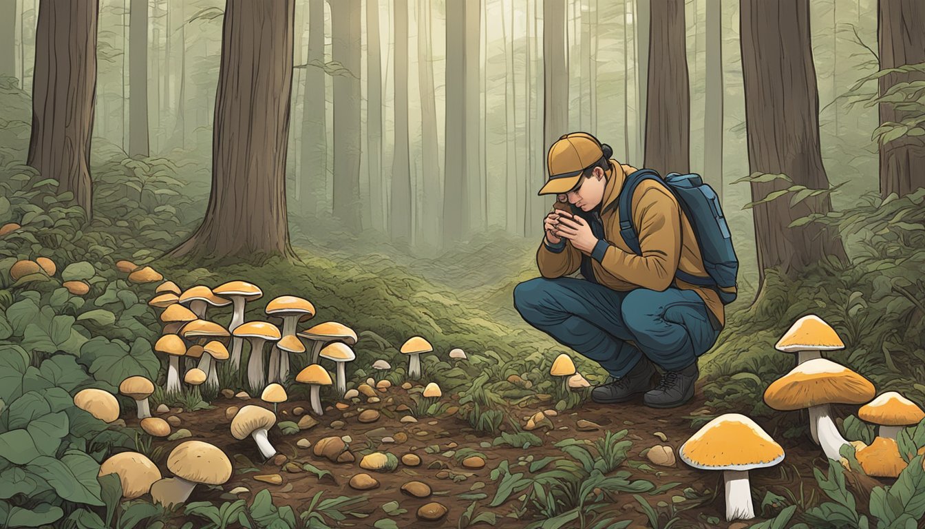 A person kneeling in a forest, examining various mushrooms growing on the forest floor near the Chesapeake Bay