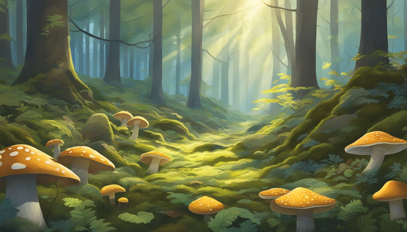 Sunlight filters through dense forest, illuminating a lush carpet of moss and fallen leaves. Mushrooms of various shapes and sizes dot the forest floor, surrounded by towering trees in the Blue Ridge Mountains