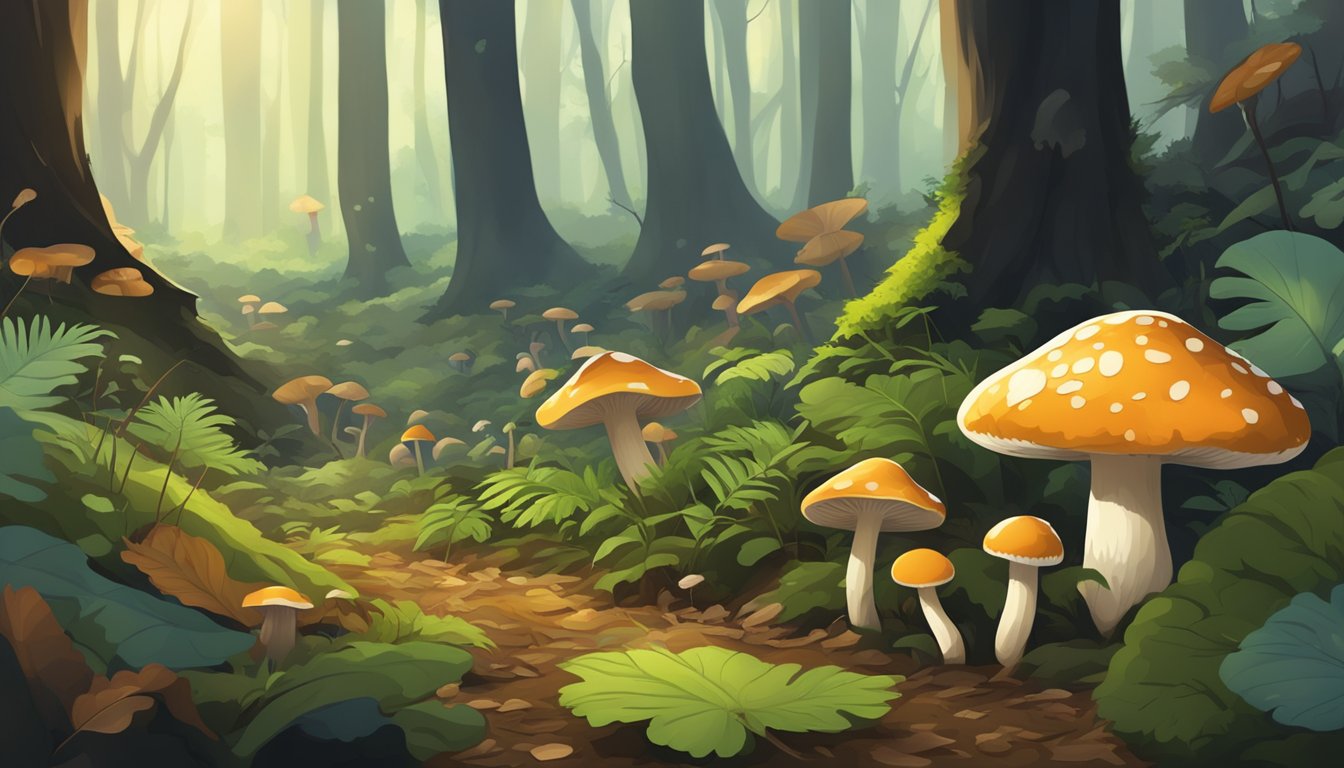 A lush forest floor in the Black Belt region, with various types of mushrooms growing among fallen leaves and moss