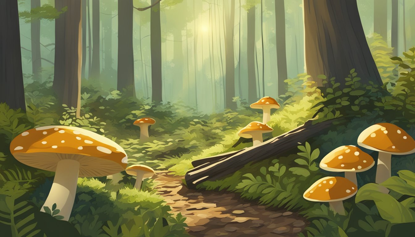 Lush forest floor, dappled sunlight, fallen leaves, and moss-covered logs in the Chesapeake Bay region. Mushroom patches peek out from the underbrush