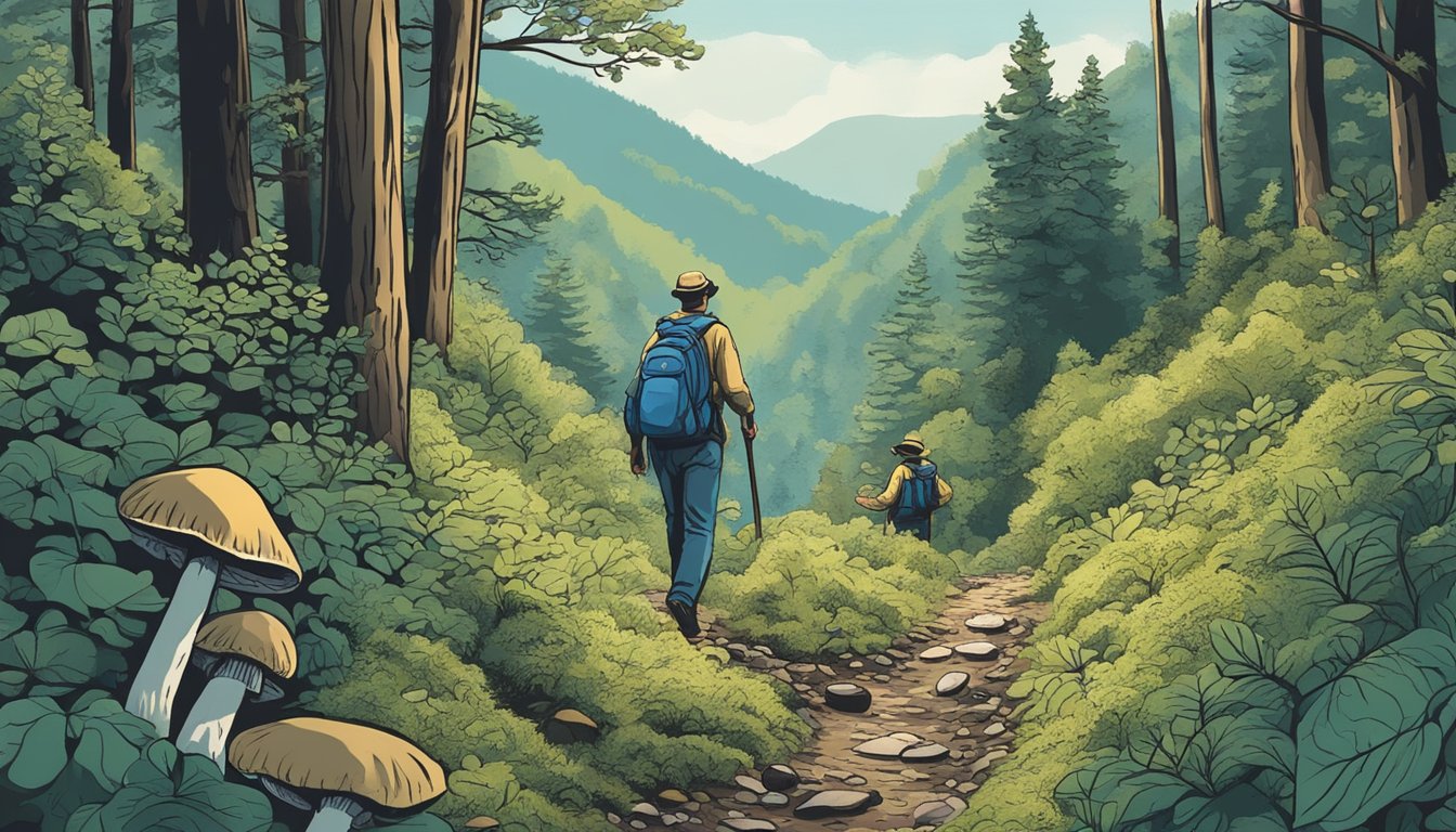 A figure wanders through the Blue Ridge Mountains, collecting mushrooms in the forest while navigating the legalities of foraging