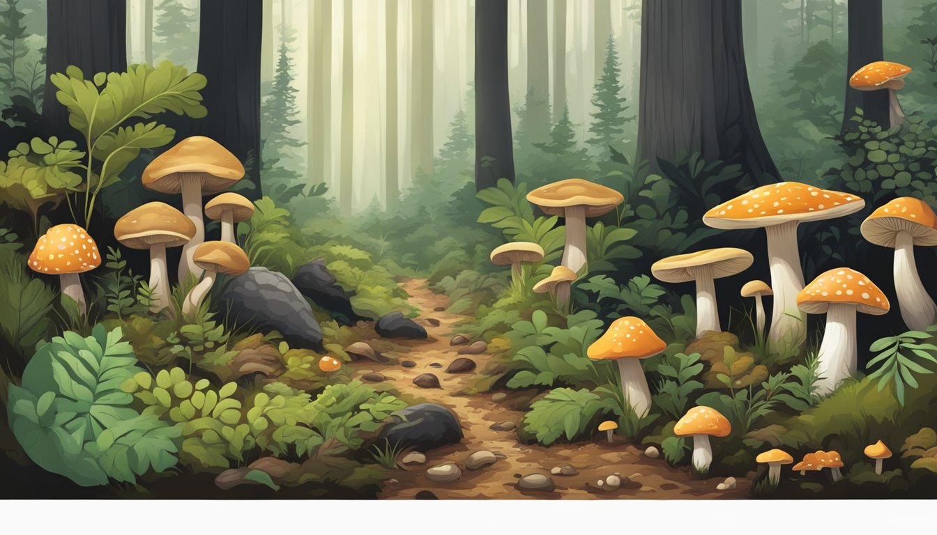 A dense forest floor with various types of mushrooms in the Black Belt region