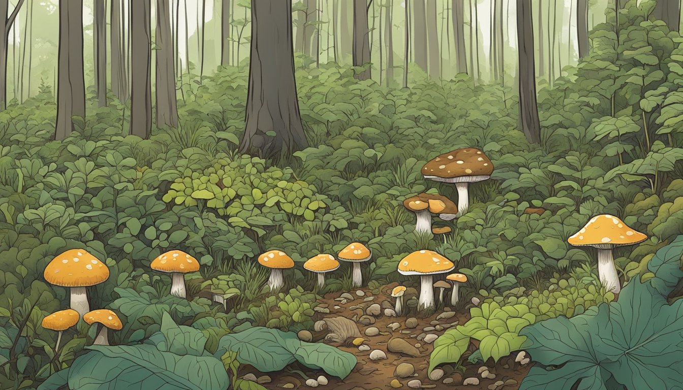 A lush forest floor in the Chesapeake Bay region, dotted with various types of mushrooms, as a conservationist carefully collects them for sustainability