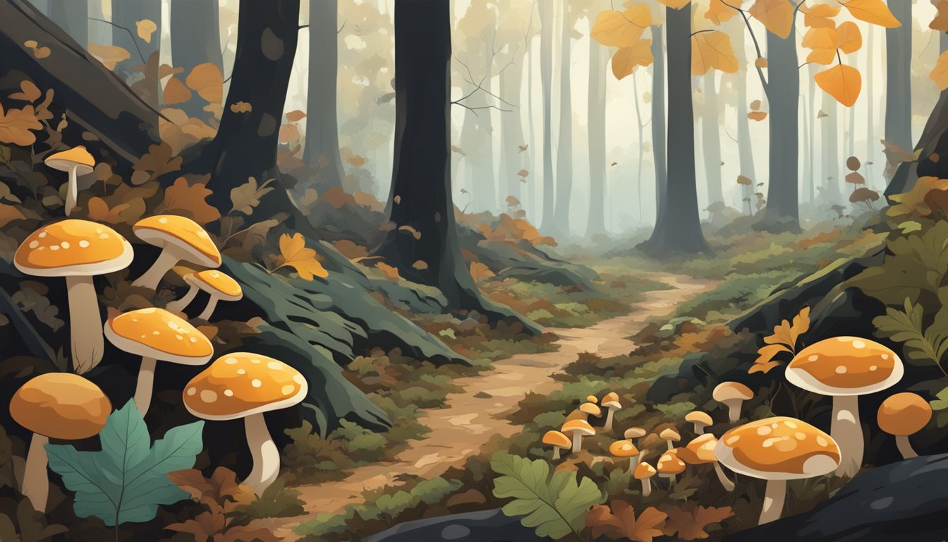 A dense forest floor in the Black Belt region, with various types of mushrooms growing among the fallen leaves and decaying wood