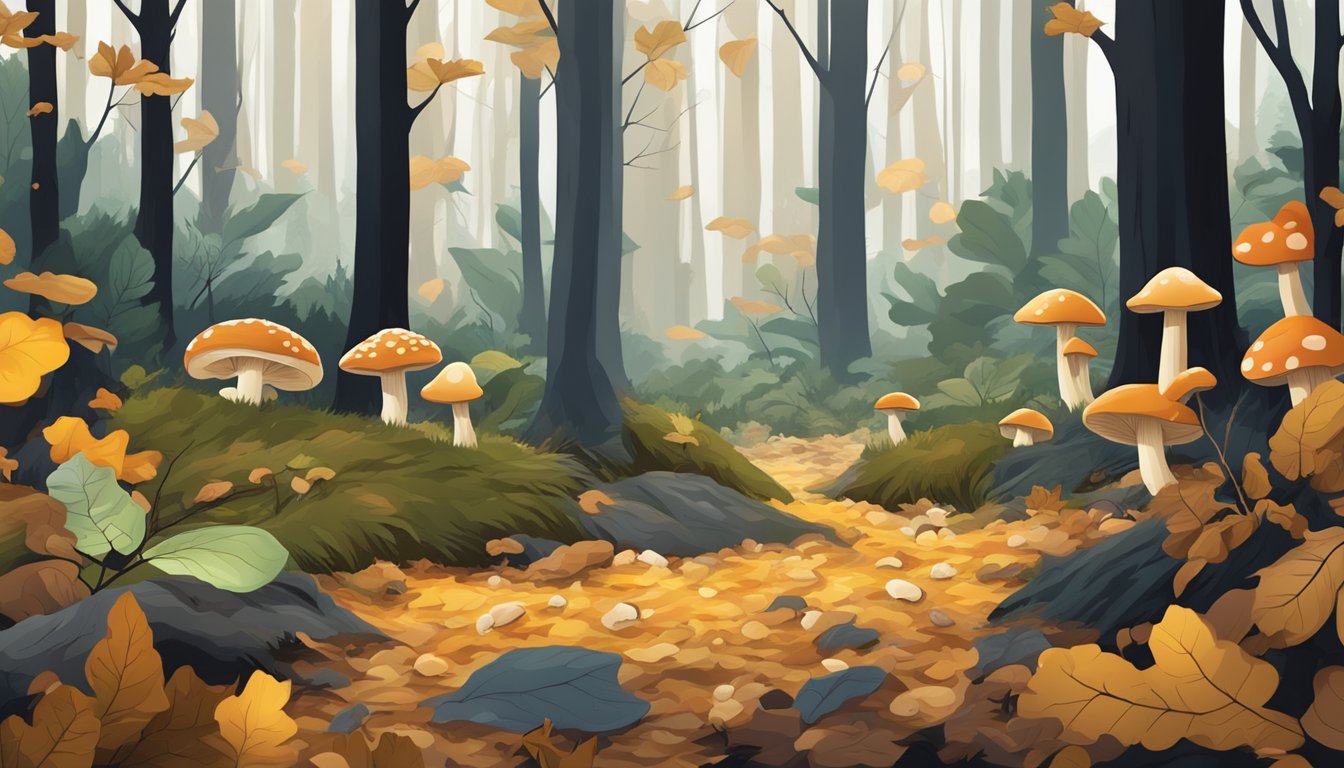 A dense forest floor with various types of edible mushrooms growing among fallen leaves and twigs in the black belt region