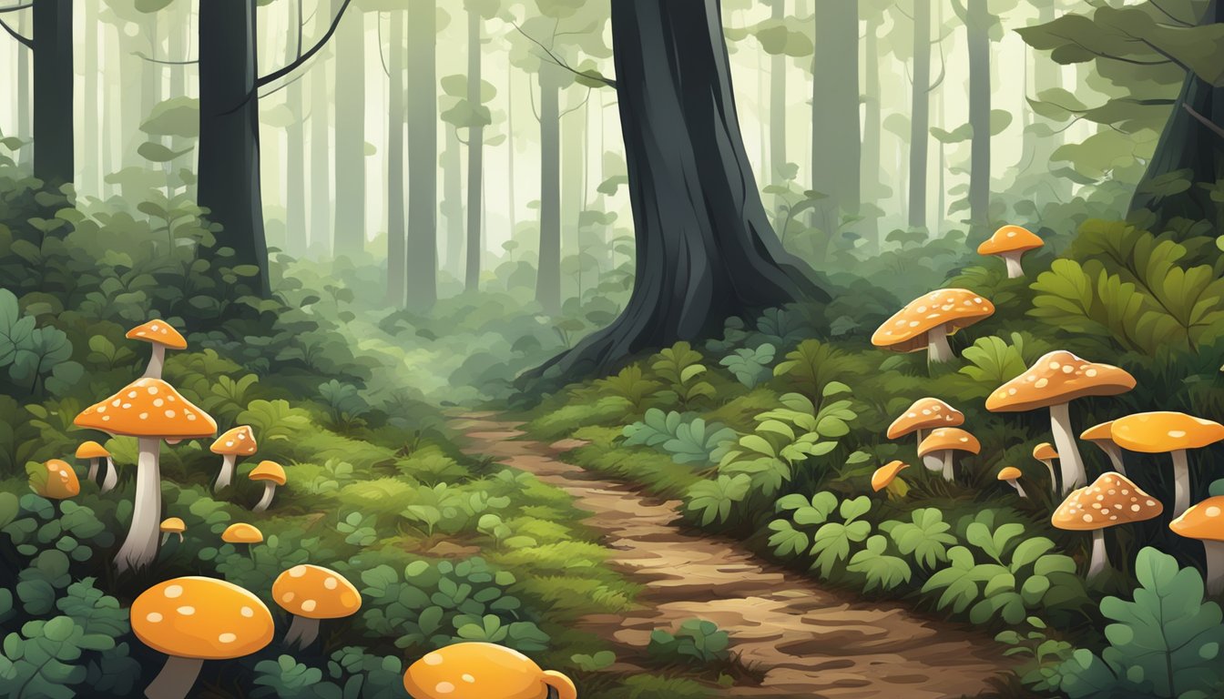 A lush forest floor in a black belt region, with various types of mushrooms growing among fallen leaves and moss