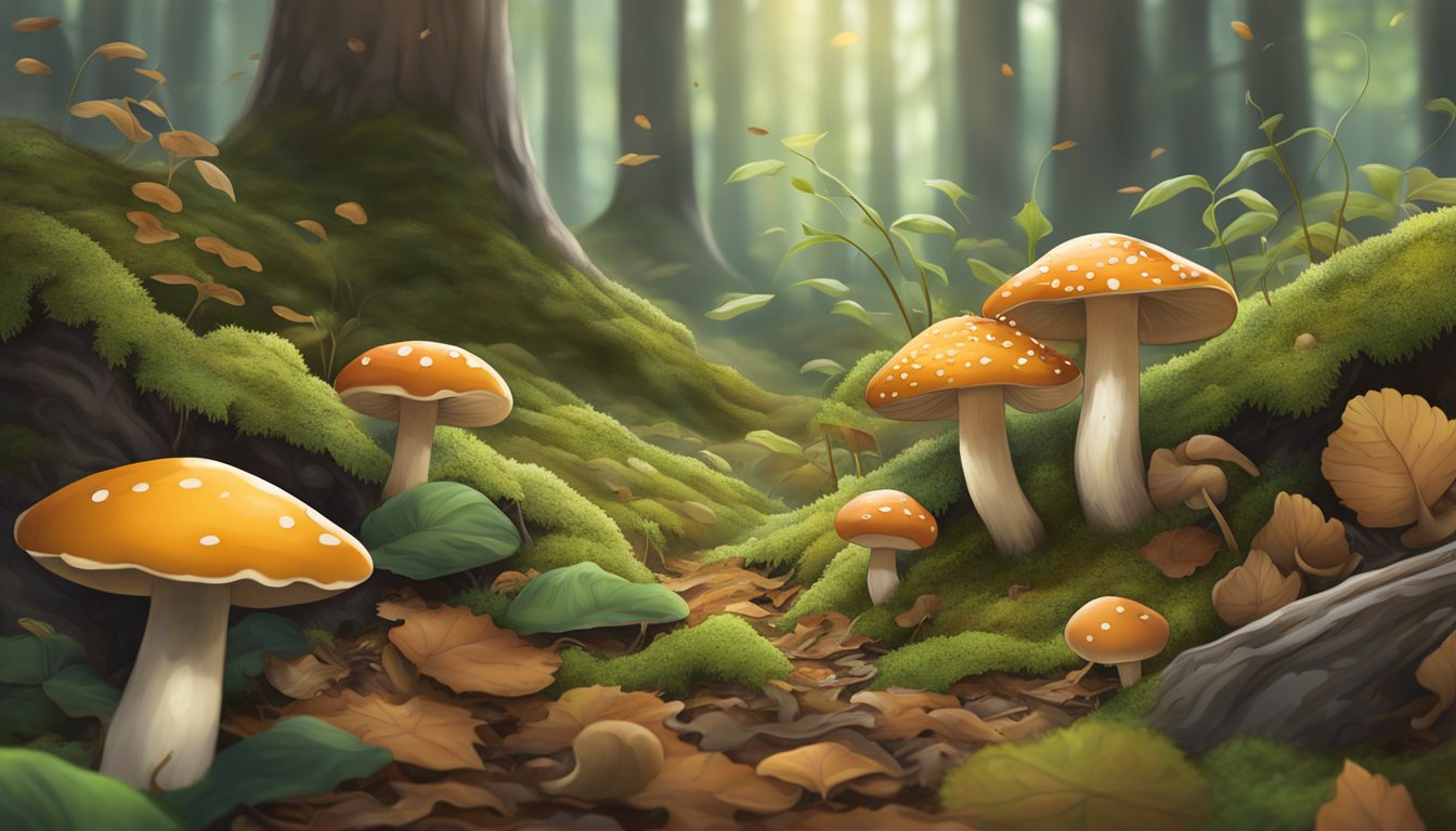 A lush forest floor in the Central Valley region, with various types of mushrooms sprouting among the fallen leaves and moss