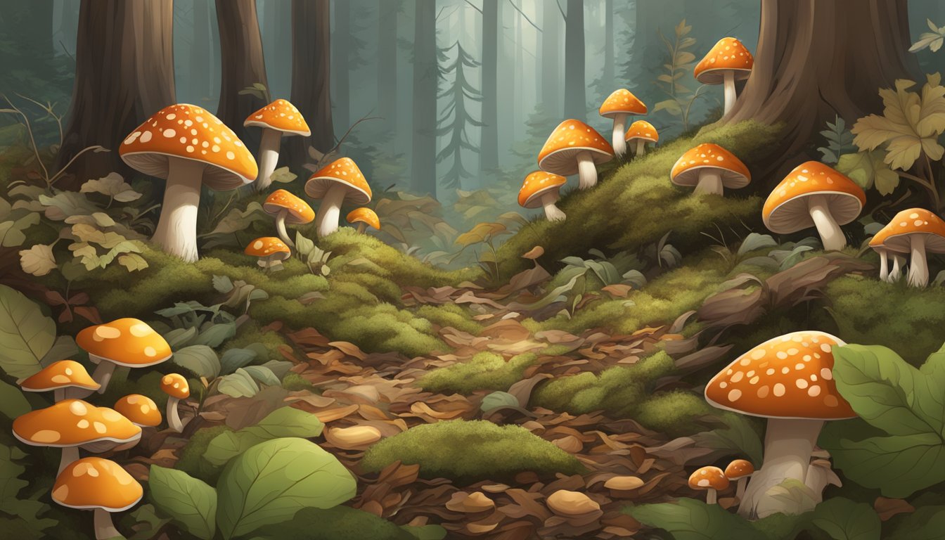 A forest floor with various types of mushrooms growing among fallen leaves and twigs in the central valley region