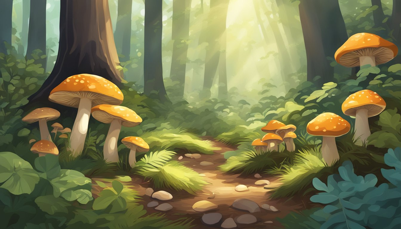 A forest floor scattered with various wild mushrooms, surrounded by trees and dappled sunlight