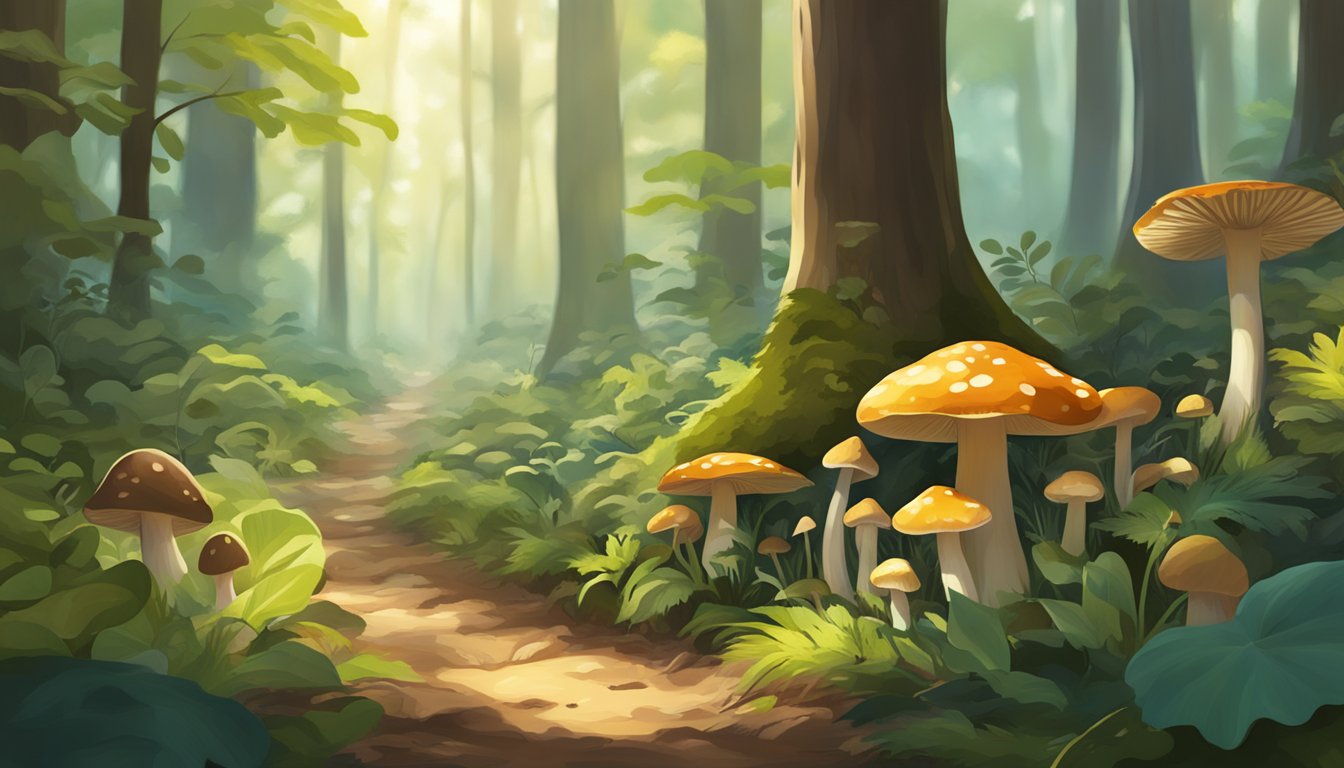 A lush forest floor with dappled sunlight filtering through the trees, showcasing a variety of mushrooms in different shapes, sizes, and colors