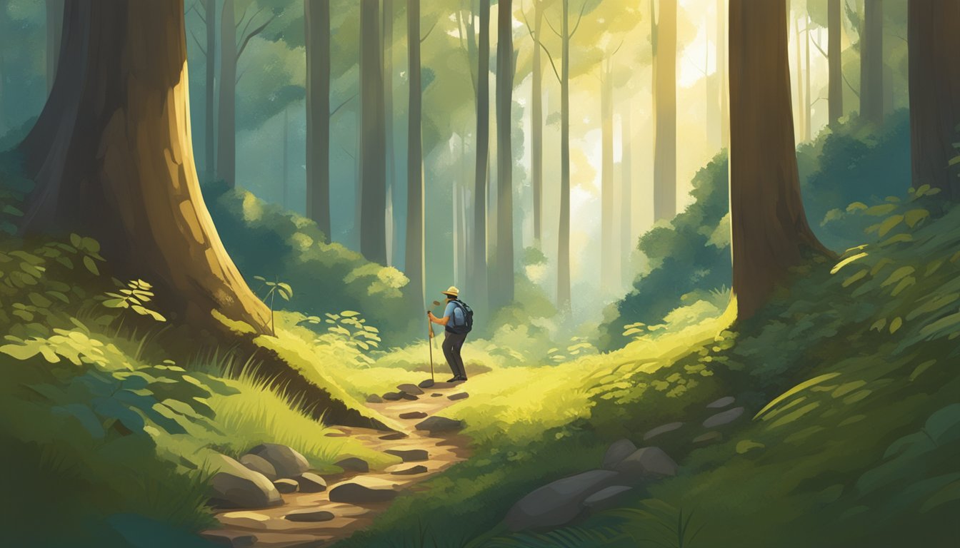 A figure crouches in a lush forest, carefully inspecting the forest floor for mushrooms. The dappled sunlight filters through the trees, casting a warm glow on the scene