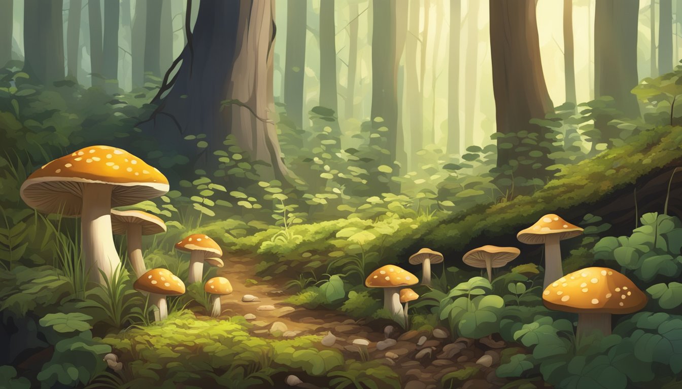 Lush forest floor with various types of mushrooms sprouting from the ground, surrounded by tall trees and dappled sunlight