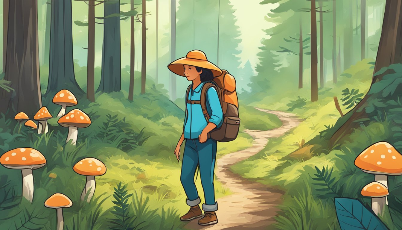 A person in a wide-brimmed hat and backpack walks through a forested area, carefully examining the ground for mushrooms. A sign nearby warns of legal restrictions