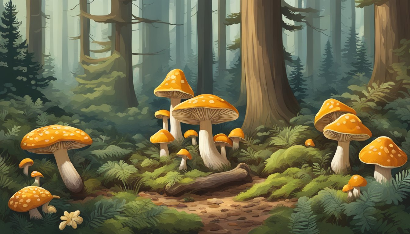 Lush forest floor with various mushrooms: chanterelles, morels, and porcinis, surrounded by towering oak and pine trees