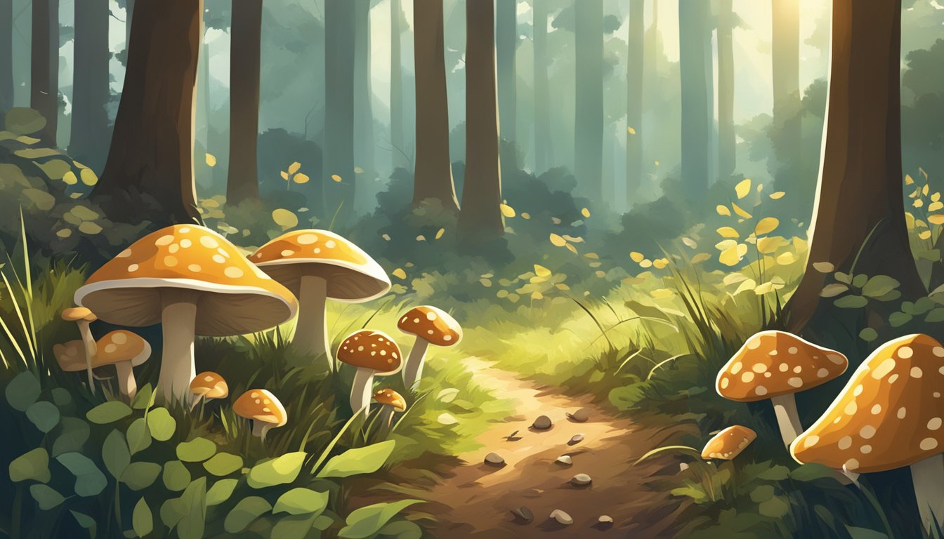 A forest floor with various types of mushrooms, surrounded by tall grass and scattered fallen leaves. Sunshine filters through the trees above