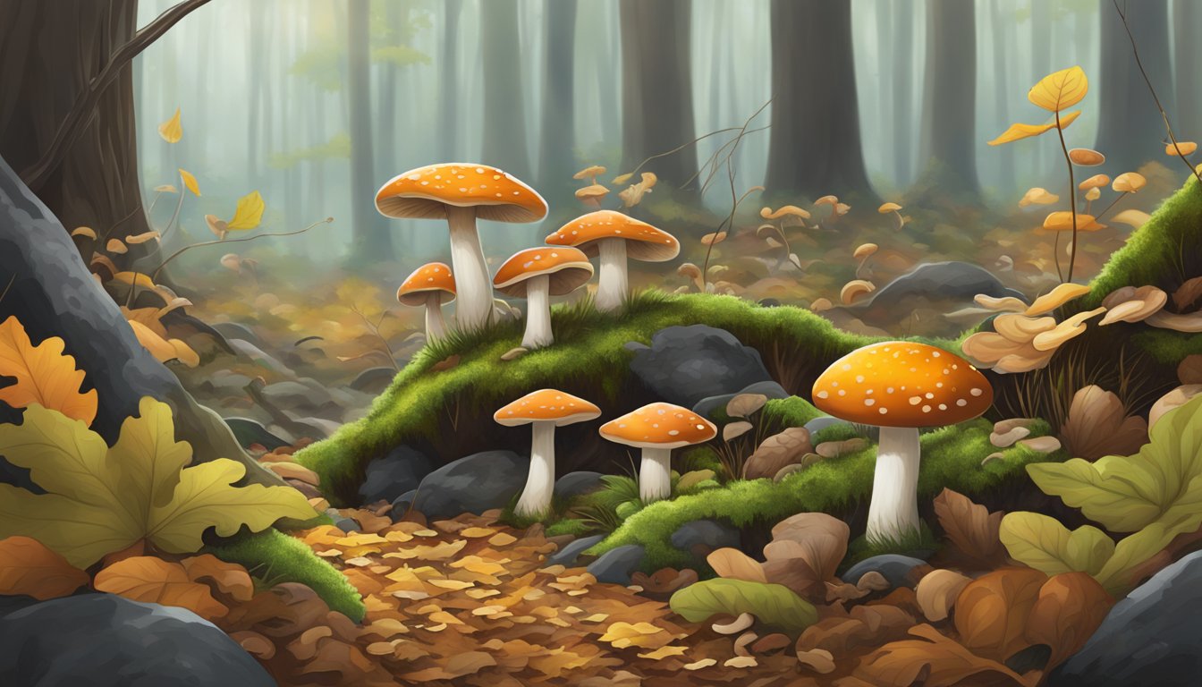 A forest floor in the eastern shore region, with various types of mushrooms growing among fallen leaves and moss