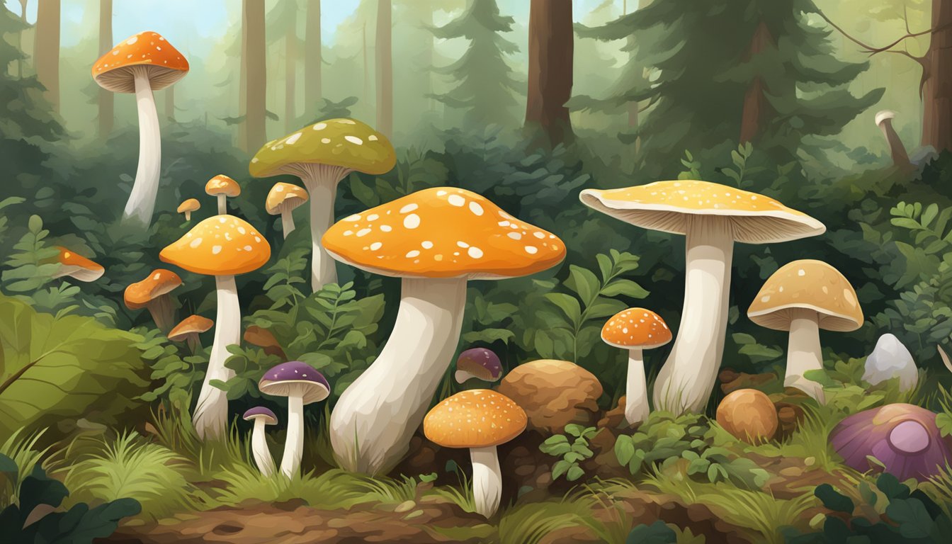 A variety of mushrooms in different shapes and sizes scattered across the forest floor in the central plains region