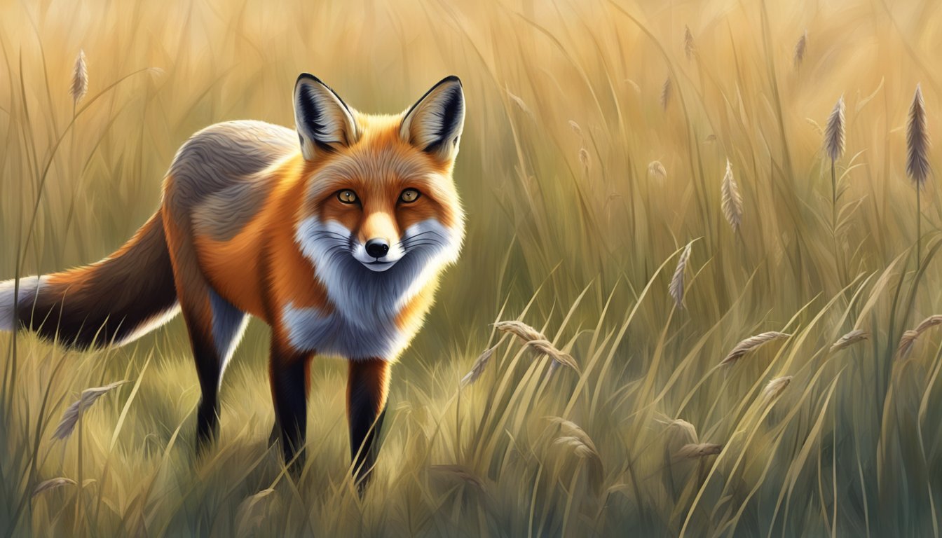 A red fox stealthily sniffs through the central plain, eyes keenly scanning for mushrooms among the tall grass and scattered trees