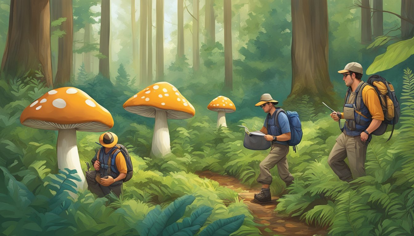 Mushroom hunters carefully forage in the lush, green forest of the eastern shore region, surrounded by diverse flora and fauna