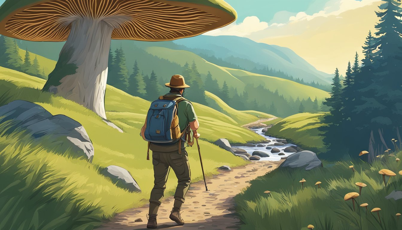 Mushroom hunter exploring woodland trails, surrounded by rolling hills and a clear blue sky, with a creek running through the valley