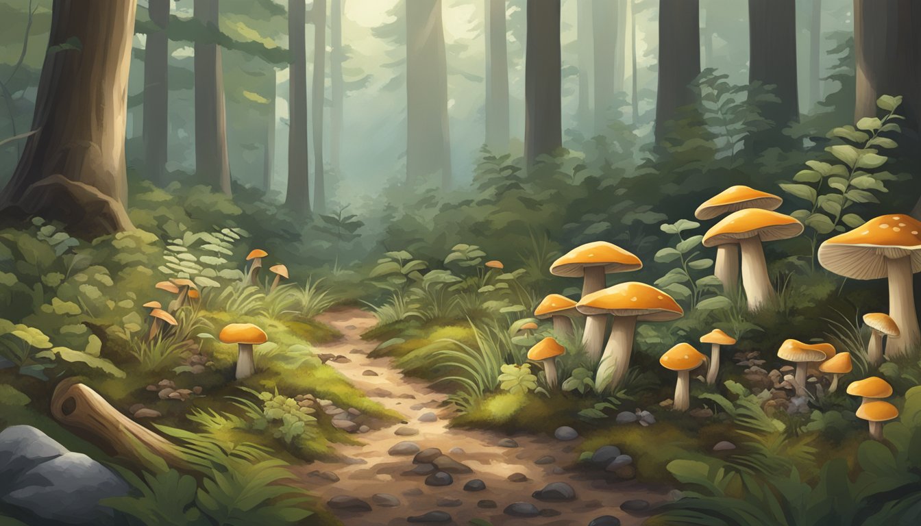 A forest floor scattered with various wild mushrooms, surrounded by trees in the eastern shore region