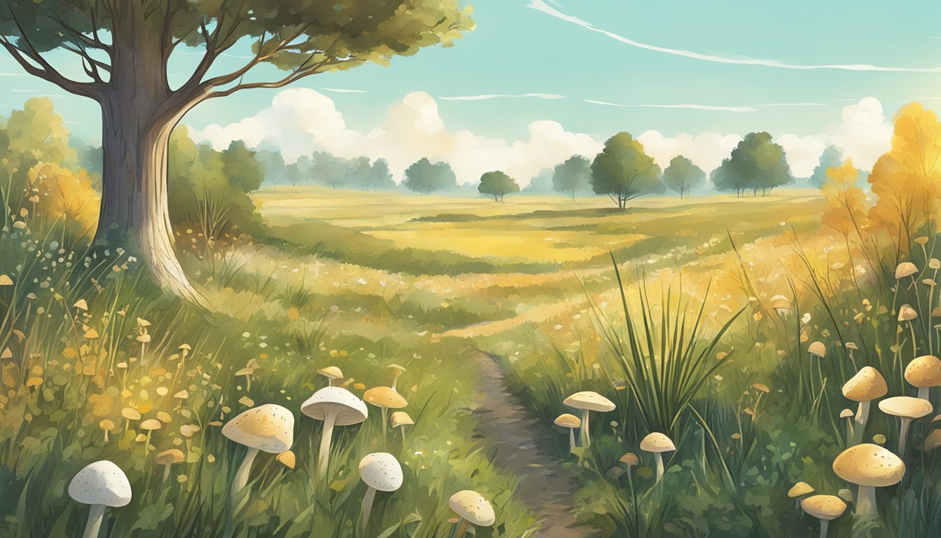 A sunny meadow in the central plains, dotted with tall grass and scattered trees. Mushrooms of various shapes and sizes peek out from the damp earth