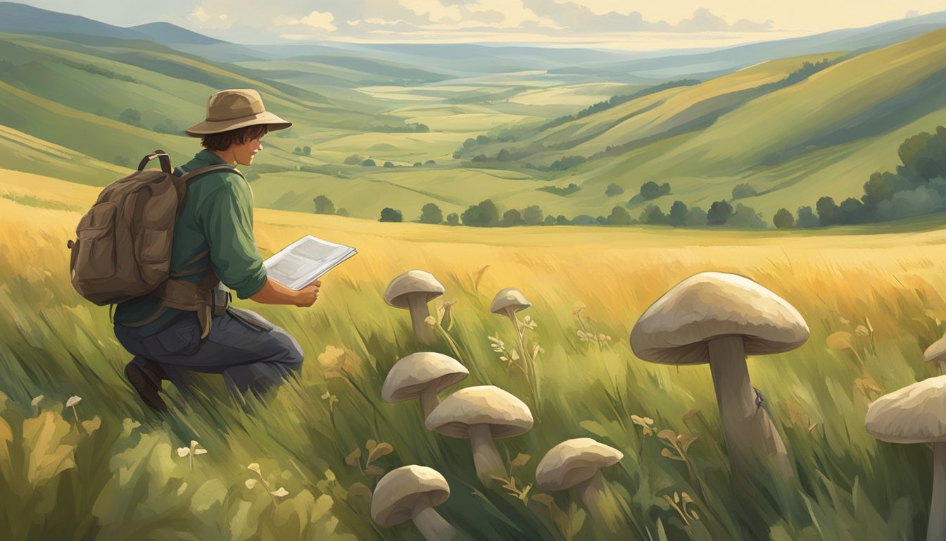 A figure gathers wild mushrooms in the central plains region, surrounded by grassy fields and rolling hills