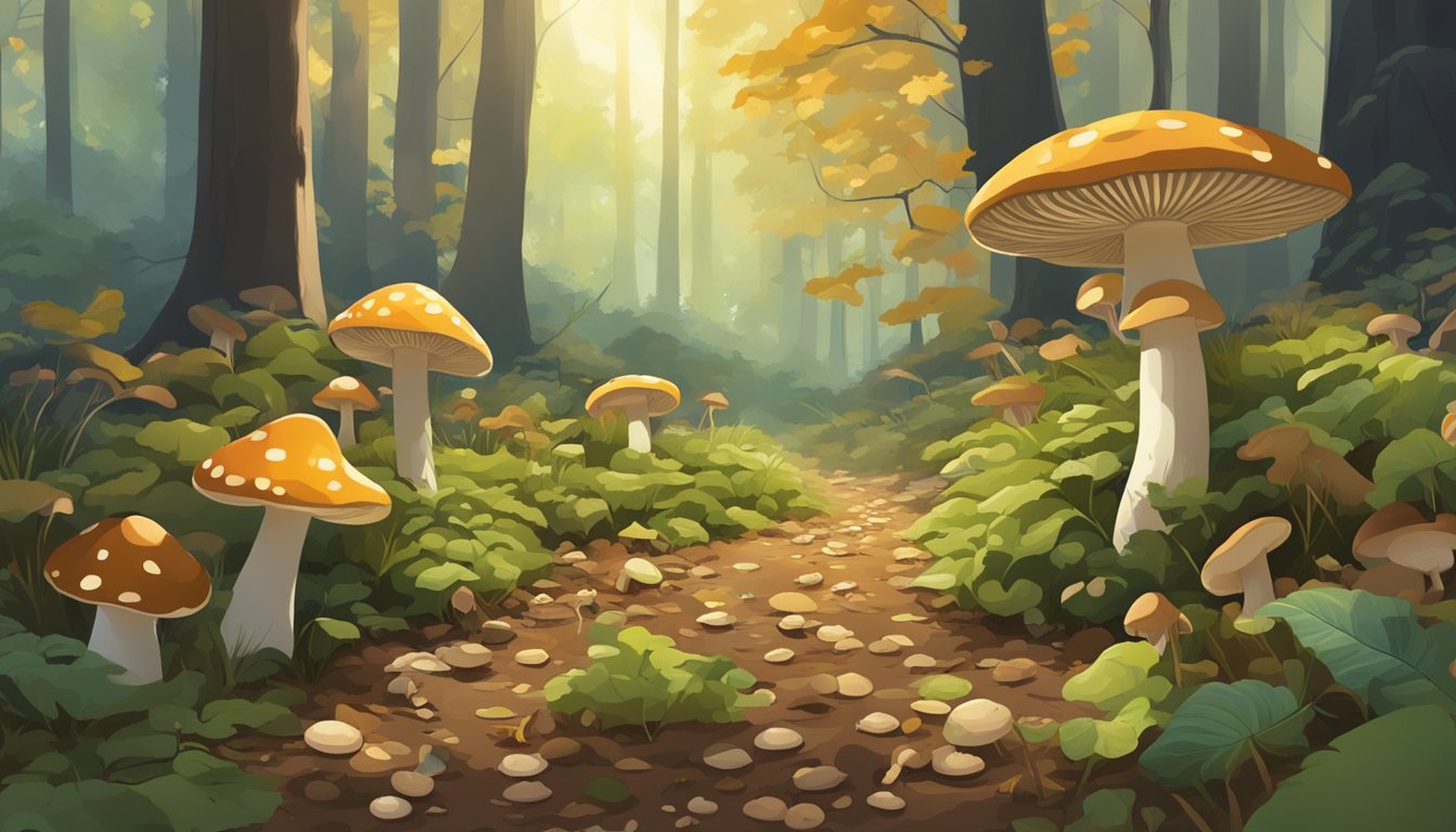 A lush forest floor in the Front Range region, with various types of mushrooms sprouting from the ground amidst fallen leaves and dappled sunlight