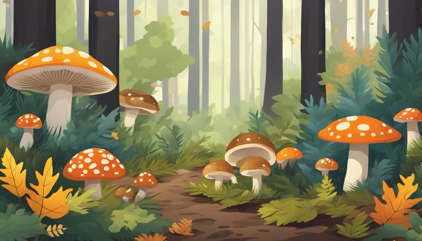 A dense forest floor with scattered fallen leaves and pine needles, dotted with various types of mushrooms in different sizes, shapes, and colors