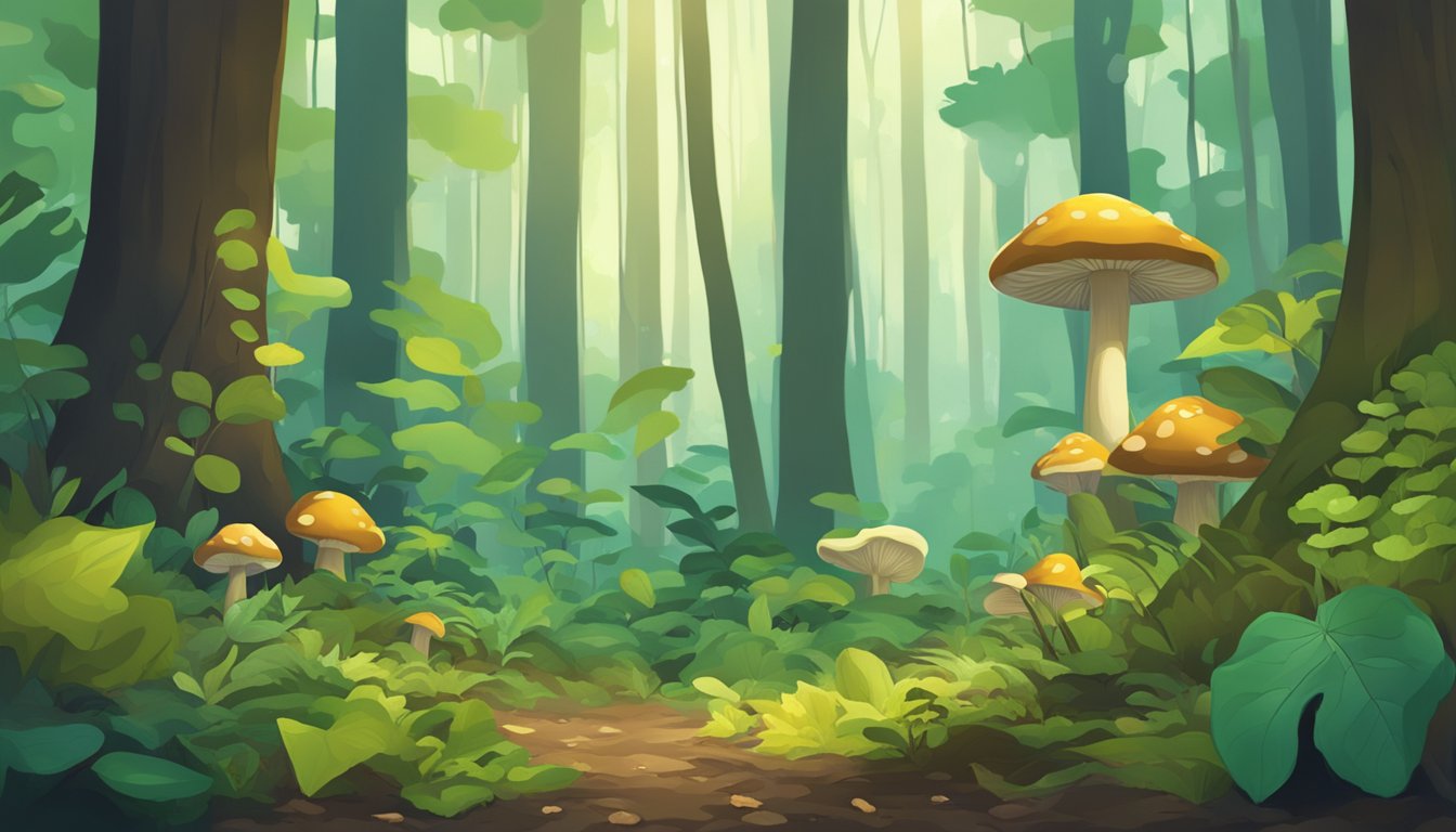 A dense forest floor with vibrant green undergrowth, fallen leaves, and towering trees. Mushrooms of various shapes and sizes peek out from the damp earth