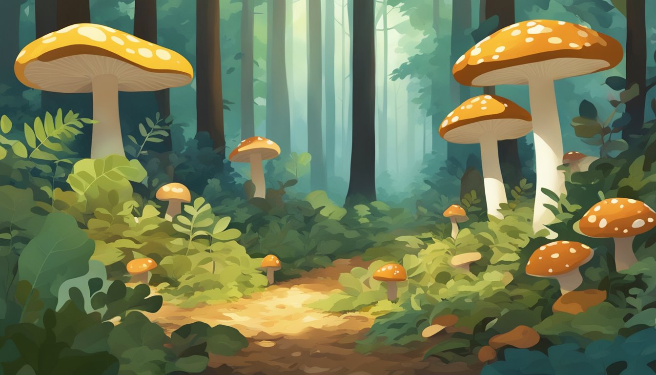 Lush forest floor with dappled sunlight, scattered fallen leaves, and a variety of mushrooms in different shapes, sizes, and colors