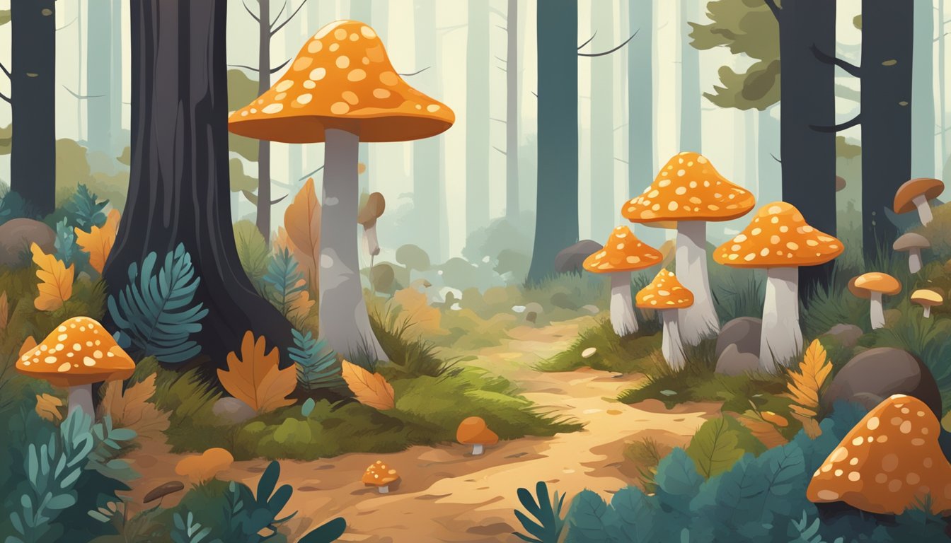 A forest floor with fallen leaves and pine needles, dotted with various types of mushrooms in different shapes, sizes, and colors