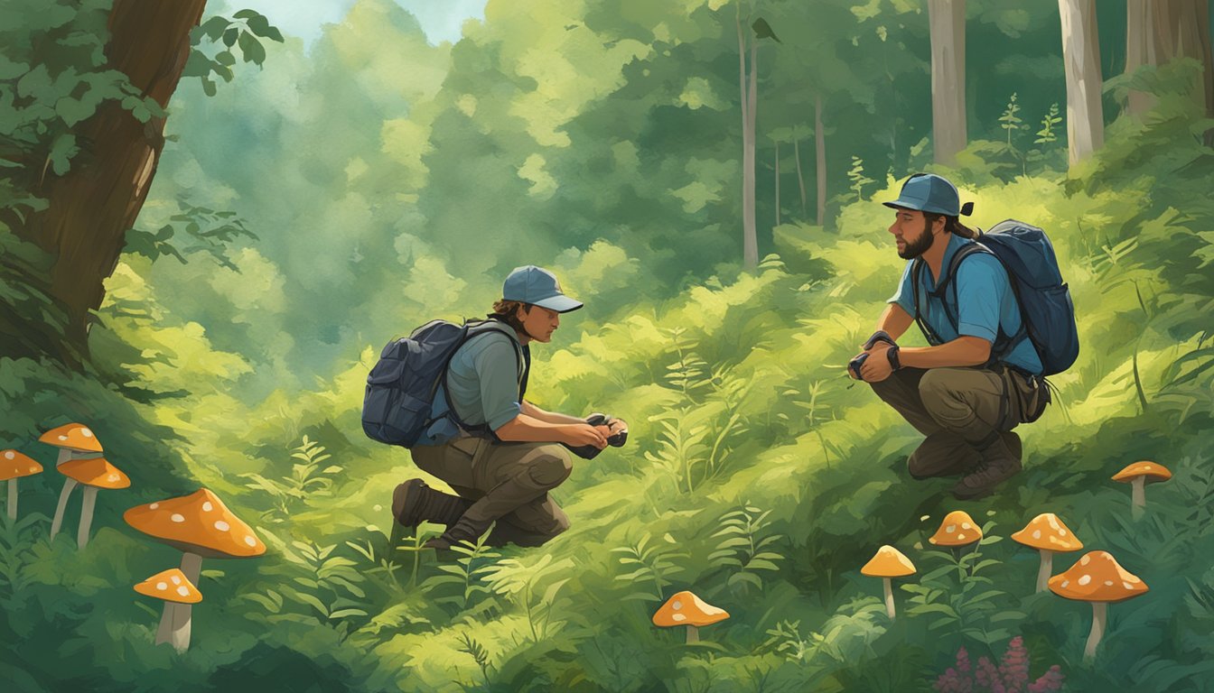 Mushroom hunters carefully forage in the lush, untouched forest of the driftless area, surrounded by diverse flora and fauna