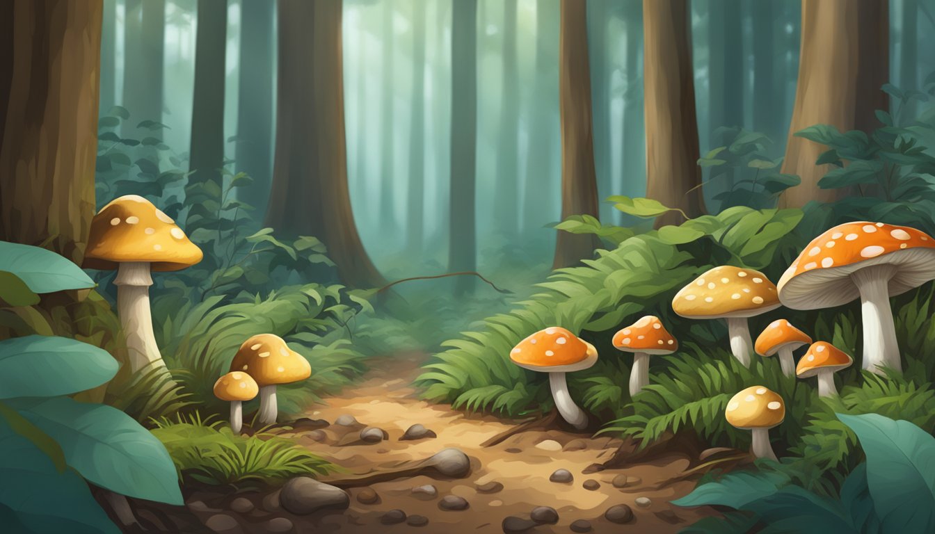 A forest floor with various types of mushrooms in the deep south region