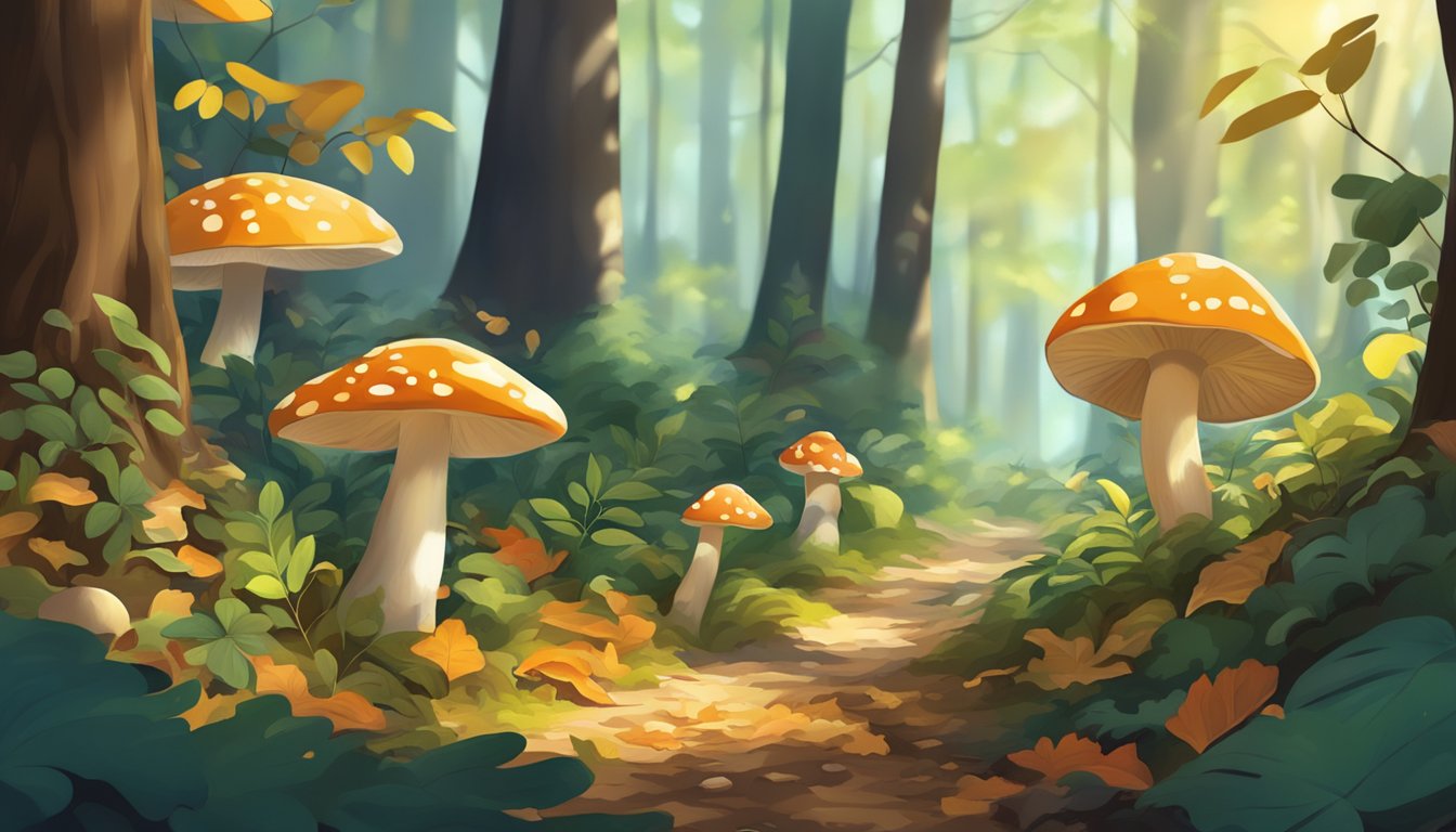 A lush forest floor with dappled sunlight filtering through the trees, scattered with fallen leaves and a variety of mushrooms in different shapes and colors